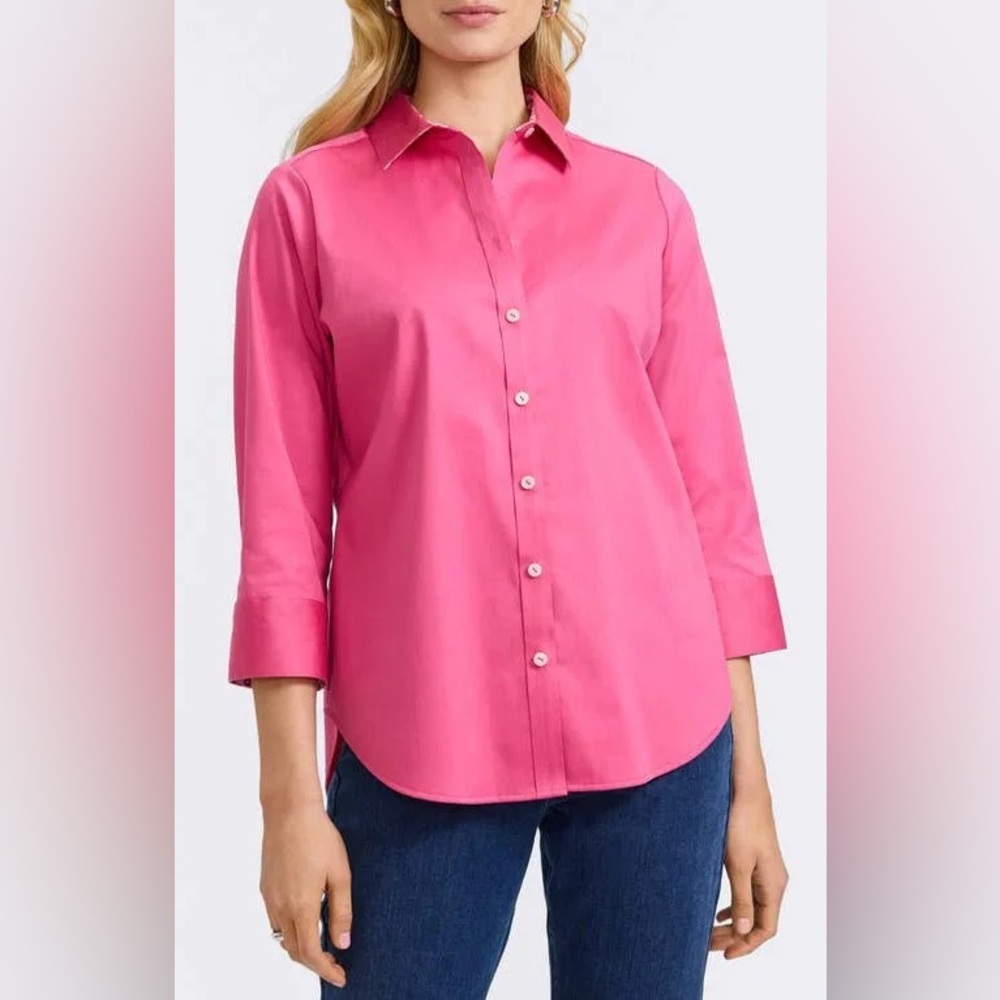 Foxcroft | Women's bright pink pearlized 3/4 sleeve round hem button up top, 14